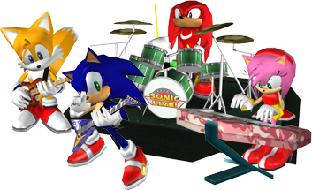 A render of Miles "Tails" Prower, Sonic the Hedgehog, Knuckles the Echidna, and Amy Rose from the Sonic series. It is their Sonic Adventure 2 models, playing in a band together. Tails and Sonic are on guitar, Knuckles is on drums, and Amy is on keyboard.