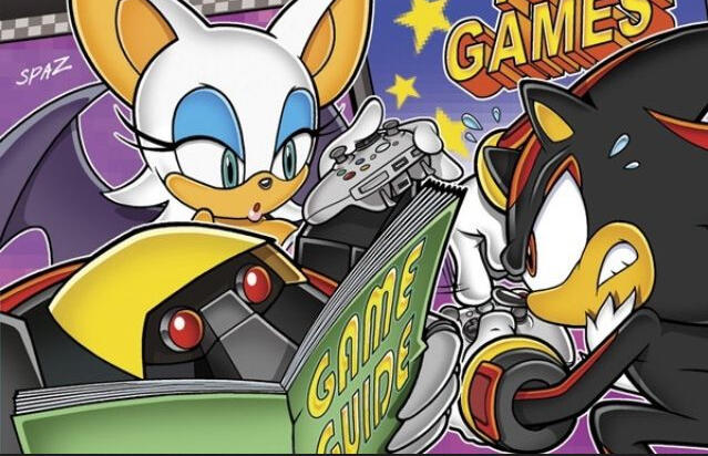 An illustration of Rouge the Bat, E-123 Omega, and Shadow the Hedgehog from the Sonic series. Rouge and Shadow hold generic video game controllers, with Shadow mashing buttons impatiently and Rouge looking over Omega's shoulder as he reads a game guide.