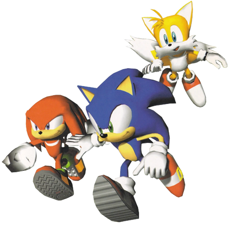A render of Knuckles the Echidna, Sonic the Hedgehog, and Miles "Tails" Prower from the Sonic series. It uses their models from Sonic Heroes.
