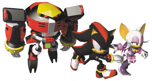 A render of E-123 Omega, Shadow the Hedgehog, and Rouge the Bat from the Sonic series. It uses their models from Sonic Heroes.